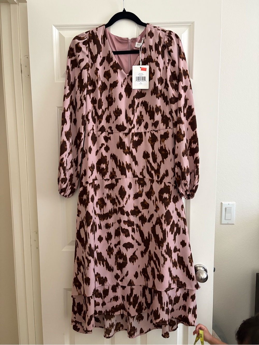 DownEast | Pink and Brown Leopard Print Long Sleeve Tiered Dress